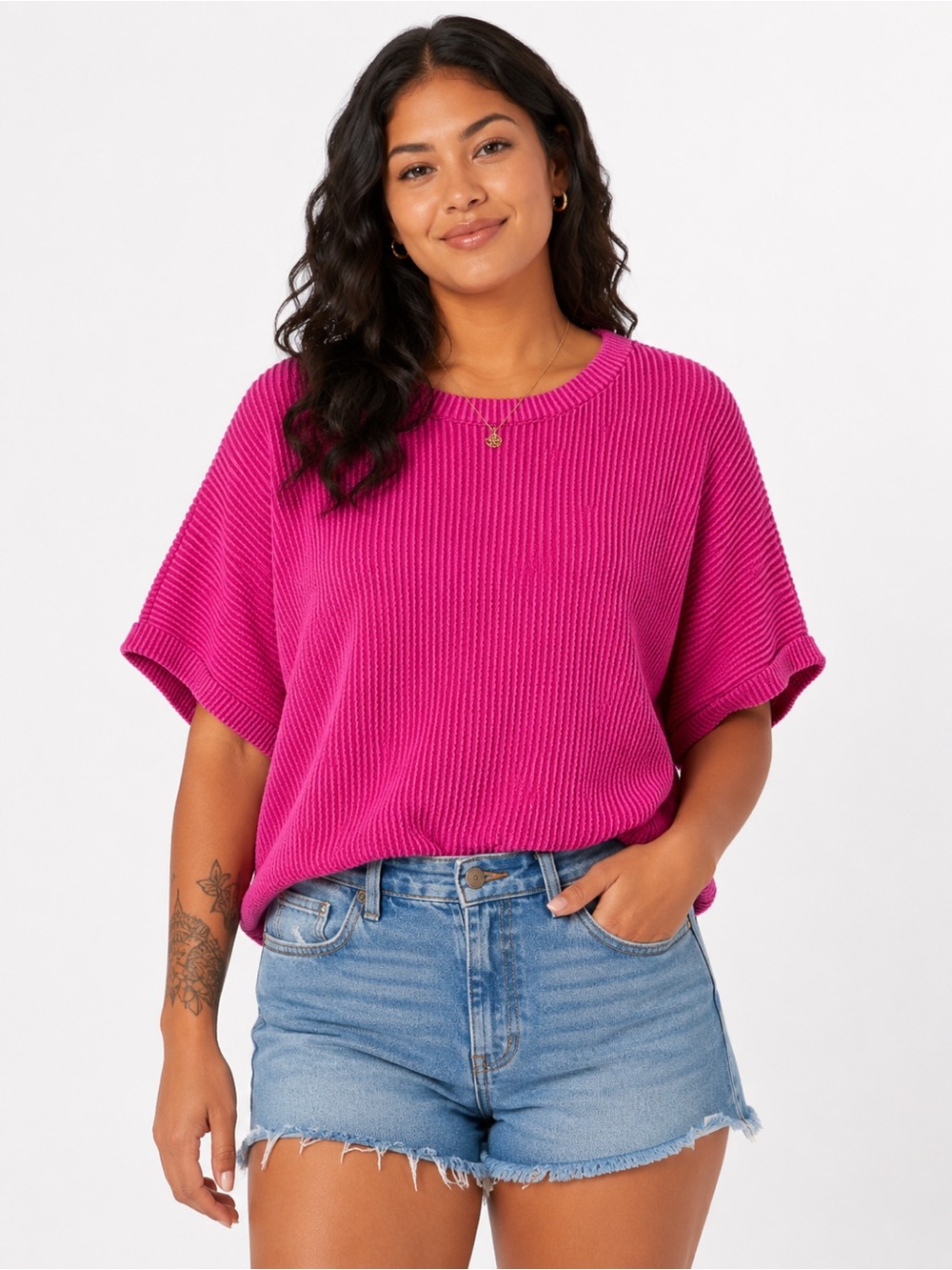 Discount Divas Boutique Hot Pink Ribbed Knit Oversized Top